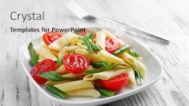  Presentation with penne pasta - Slide deck enhanced with tubular - boiled penne pasta with tomatoes background and a light gray colored foreground