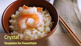  Presentation with shrimps - PPT layouts consisting of boiled rice and shrimps in bowl on wooden background background and a tawny brown colored foreground