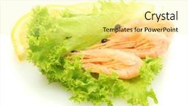  Presentation with shrimps - Presentation design having boiled shrimps on lettuce leaves isolated on white background and a blonde colored foreground