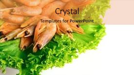  Presentation with shrimps - Beautiful PPT theme featuring boiled shrimps with lettuce leaves on plate isolated on white backdrop and a gold colored foreground