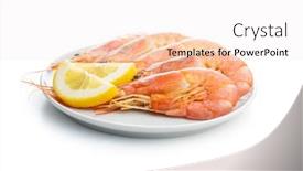  Presentation with white plate - Presentation with boiled-tiger-prawns-with-lemon background and a sky blue colored foreground