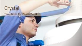  Presentation with save water shower head - PPT theme featuring boiler - plumber repairing an hot-water heater background and a cream colored foreground