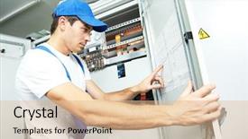  Presentation with inspector - Cool new presentation theme with boiler mounting - electrician engineer inspector in front backdrop and a  colored foreground