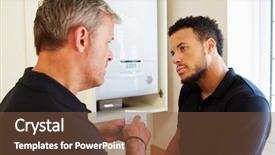  Presentation with boiler - Colorful PPT theme enhanced with boiler technician and apprentice servicing backdrop and a tawny brown colored foreground