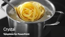  Presentation with pasta - Slide deck enhanced with boiling nest pasta in pan on electric stove in the kitchen background and a dark gray colored foreground