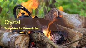  Presentation with campfire - Cool new presentation with boiling water in burnt kettle on wild campfire backdrop and a tawny brown colored foreground