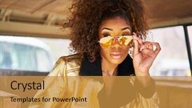  Presentation with golden car - Presentation theme having african american woman wearing golden background and a gold colored foreground