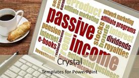  Presentation with coffee cup - Amazing presentation theme having bonds stocks - passive income word cloud backdrop and a soft green colored foreground
