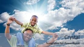  Presentation with sky sun - Slide deck with man with child over blue background and a light blue colored foreground