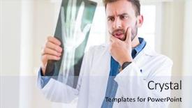  Presentation with man looking up happy - Colorful PPT theme enhanced with bone surgeon - doctor man looking at x-ray backdrop and a light blue colored foreground