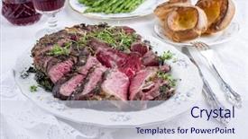  Presentation with green plate - Presentation enhanced with bone china - sliced porterhouse steak with yorkshires background and a  colored foreground