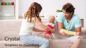  Presentation with bone fracture - Beautiful presentation theme featuring bone foot fracture - young family helping each other backdrop and a coral colored foreground