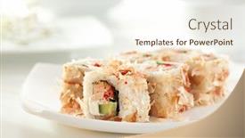  Presentation with cucumber cream - Slides featuring bonito maki sushi - rolls with fried salmon cucumber cream cheese and tobiko inside dried shaved bonito outside background and a cream colored foreground