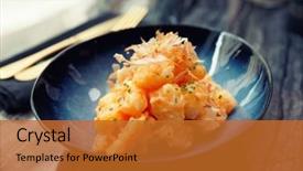  Presentation with asian paint vintage style old - Theme featuring shrimps cooked in asian style in batter with sweet-sour sauce and bonito tuna on marble table cross processing tone background and a gold colored foreground