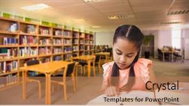  Presentation with child girl reading a book - PPT theme consisting of book against view of library background and a coral colored foreground