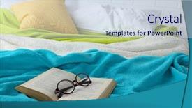  Presentation with book glasses - Theme with book and glasses on bed close-up background and a sky blue colored foreground