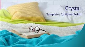  Presentation with book glasses - Presentation theme with book and glasses on bed close-up background and a sky blue colored foreground