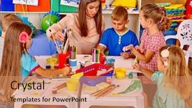  Presentation with children painting - Slide deck having book animation - group children with female teacher background and a coral colored foreground