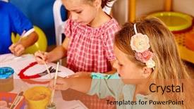  Presentation with brush - Cool new PPT theme with book animation - group little girl with brush backdrop and a coral colored foreground