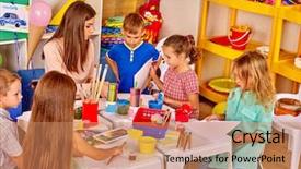  Presentation with children painting - Audience pleasing presentation consisting of book animation - large group children with teacher backdrop and a coral colored foreground