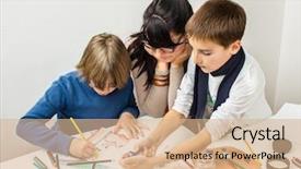  Presentation with elementary school - Amazing PPT theme having book art - group of elementary school pupils backdrop and a coral colored foreground
