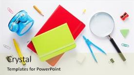  Presentation with accessories - Audience pleasing PPT layouts consisting of magnify red - school accessories and notebook backdrop and a sky blue colored foreground