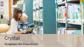  Presentation with teacher - Slide deck enhanced with book by bookshelf in library background and a soft green colored foreground