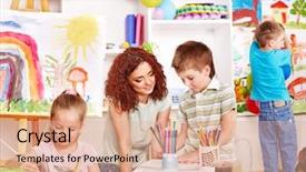  Presentation with children painting - Colorful slide deck enhanced with book club - children with teacher painting backdrop and a coral colored foreground