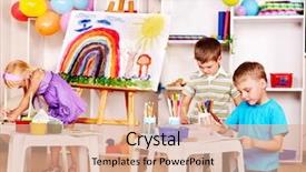  Presentation with painting - Slide deck featuring book club - group child painting at easel background and a coral colored foreground