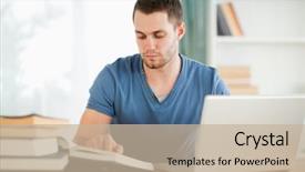  Presentation with homework - Slides enhanced with book computer - male student using his laptop background and a mint green colored foreground