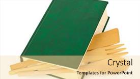  Presentation with cookbook - Beautiful presentation featuring book cover green - cookbook and kitchenware isolated backdrop and a blonde colored foreground