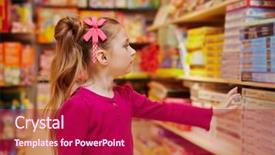  Presentation with book store - PPT theme enhanced with bookshop - little girl stretches to shelf background and a crimson colored foreground