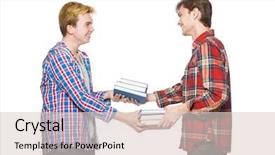  Presentation with student exchange - Presentation theme with book exchange - young student isolated on white background and a lemonade colored foreground