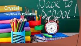  Presentation with back school - Cool new slides with book exhibition - back to school supplies isolated backdrop and a ocean colored foreground