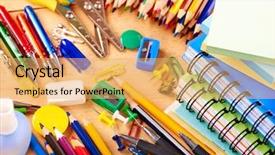  Presentation with school board - PPT theme enhanced with book exhibition - school office supplies on board background and a yellow colored foreground