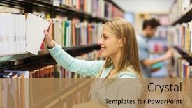  Presentation with knowledge - PPT layouts having book from shelf in library background and a coral colored foreground