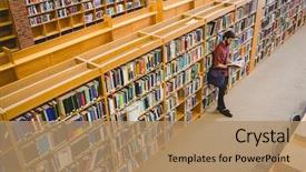  Presentation with university - Presentation theme with book from shelf in library background and a coral colored foreground