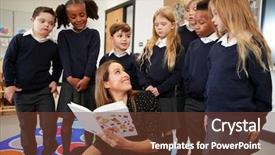  Presentation with kids reading book - Beautiful presentation theme featuring book in class turning backdrop and a tawny brown colored foreground