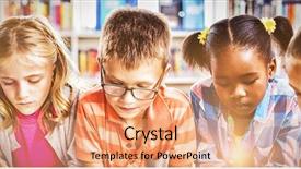  Presentation with kids reading book - Presentation theme featuring book in library at school background and a coral colored foreground