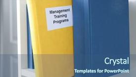  Presentation with management - Presentation theme consisting of book of management training programs on shelf background and a ocean colored foreground
