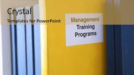  Presentation with training - Presentation theme consisting of book of management training programs on shelf background and a yellow colored foreground