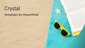  Presentation with shells beach summer holiday - PPT theme with book on blue beach towel background and a lemonade colored foreground