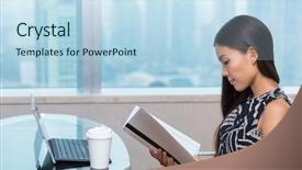  Presentation with china america asia - Colorful theme enhanced with book review - asian chinese businesswoman reading documents backdrop and a sky blue colored foreground