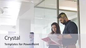  Presentation with project - Colorful slides enhanced with book review - businessman and businesswoman reviewing project backdrop and a sky blue colored foreground