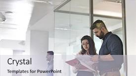  Presentation with project - PPT theme with book review - businessman and businesswoman reviewing project background and a light gray colored foreground