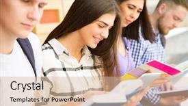  Presentation with university - Theme with book review - group of university students studying background and a soft green colored foreground