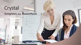  Presentation with project - Presentation featuring book review - mature businesswoman with female colleague background and a light gray colored foreground