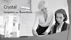  Presentation with mature female surgeon - Presentation design featuring book review - mature businesswoman with female colleague background and a light gray colored foreground