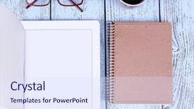  Presentation with review - PPT theme featuring book review - tablet mug of coffee notebook background and a sky blue colored foreground