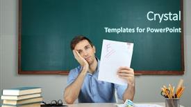 Presentation with review - Beautiful presentation design featuring book review - young teacher sitting in school backdrop and a ocean colored foreground